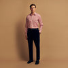 View 2 of product The Turnbull & Asser Red Check Cotton Weekend Fit Finch Shirt is a men's long-sleeved, button-up shirt with a Derby collar and red-and-white plaid pattern, displayed flat on a white background.