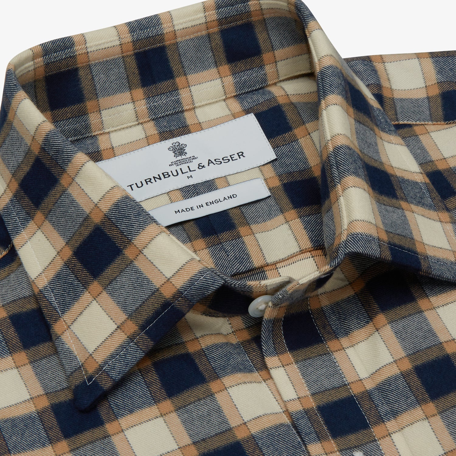 View 4 of product The Turnbull & Asser Blue Multi Check Weekend Fit Shirt features a Derby collar and 1-button cuffs, perfect for winter layering, shown here on a plain white background.