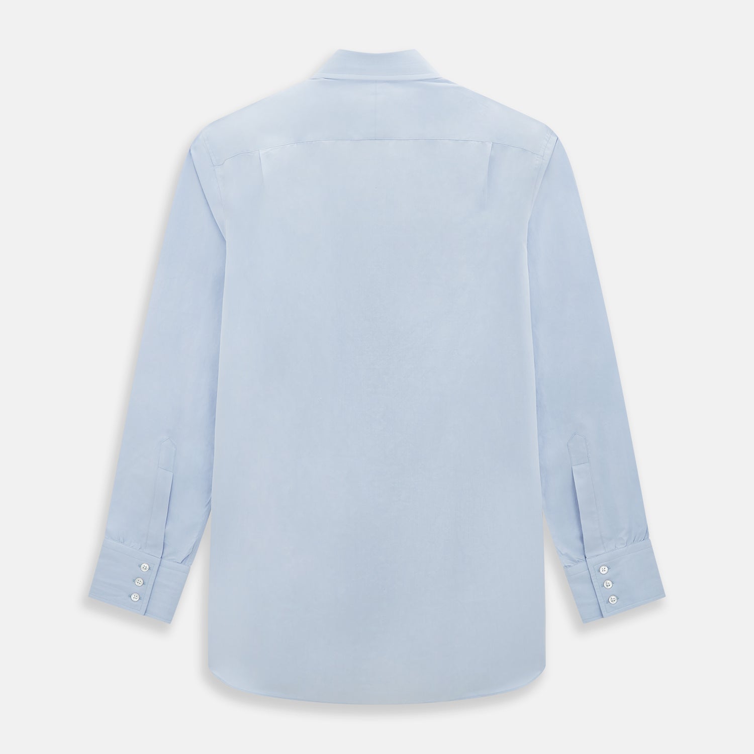 View 3 of product The Pale Blue Mayfair Shirt by Turnbull & Asser is a long-sleeve, button-up dress shirt with a pointed collar and buttoned cuffs, crafted from sanforised cotton and shown laid flat on a white background.