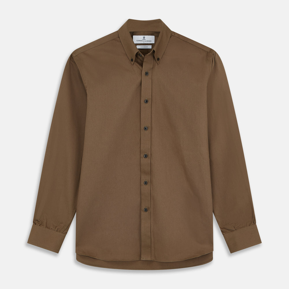 The Turnbull & Asser Khaki Weekend Fit Hayne Shirt features a Dorset collar and 1-button cuffs. Displayed on a plain white background.
