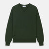 View 1 of product The Turnbull & Asser Green V-Neck Cashmere Jumper, made from soft Scottish cashmere, features long sleeves with ribbed cuffs and a ribbed hem. It is shown laid flat on a white background.