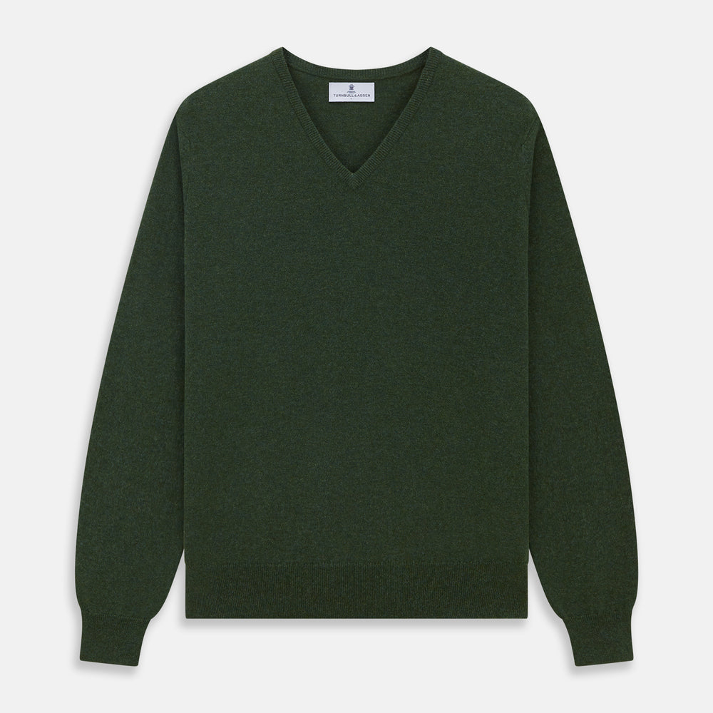 The Turnbull & Asser Green V-Neck Cashmere Jumper, made from soft Scottish cashmere, features long sleeves with ribbed cuffs and a ribbed hem. It is shown laid flat on a white background.