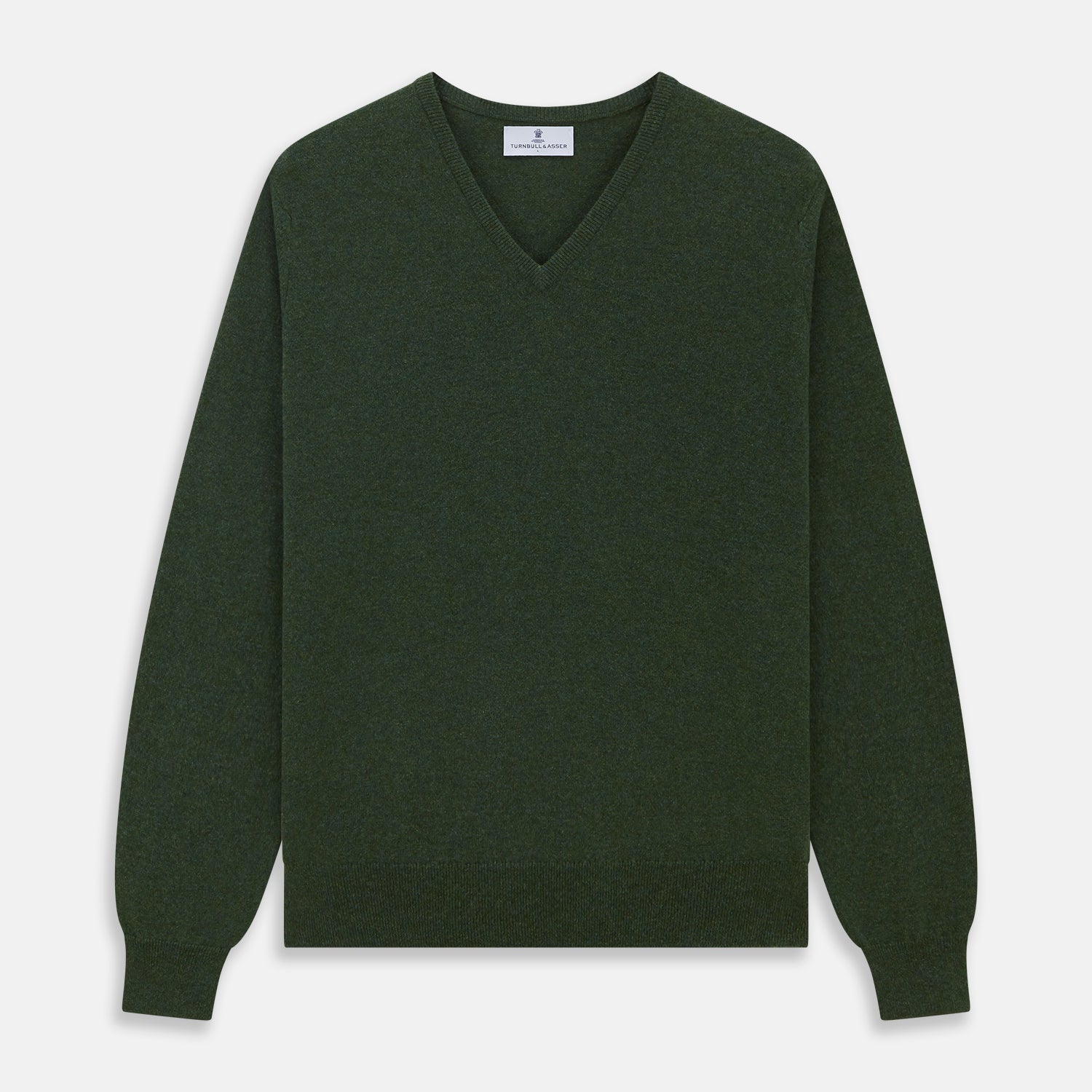 View 1 of product The Turnbull & Asser Green V-Neck Cashmere Jumper, made from soft Scottish cashmere, features long sleeves with ribbed cuffs and a ribbed hem. It is shown laid flat on a white background.