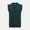 View 1 of product The Turnbull & Asser Forest Green Melange Cashmere Sleeveless Cardigan features a button-up front, two pockets, ribbed hem, and round neckline, shown on a white background.