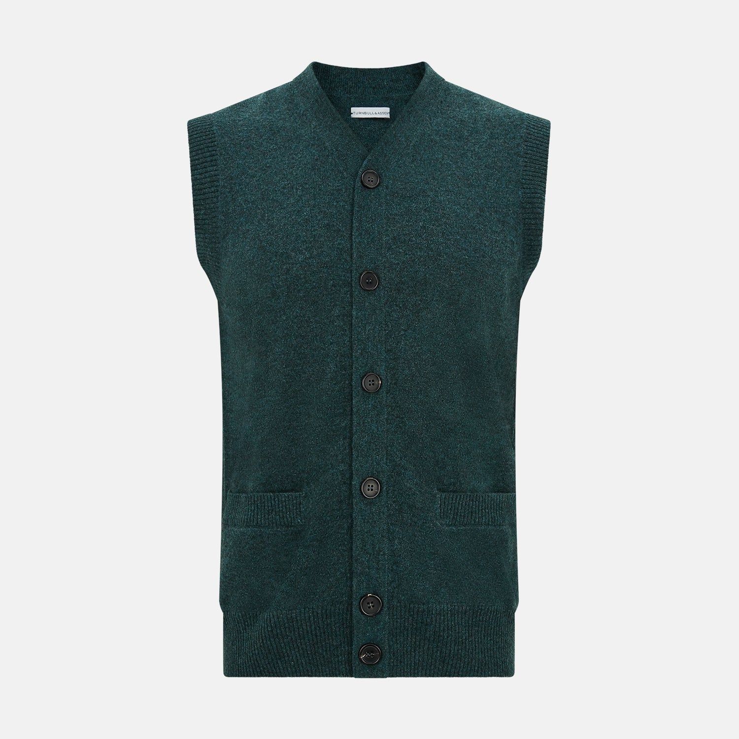 View 1 of product The Turnbull & Asser Forest Green Melange Cashmere Sleeveless Cardigan features a button-up front, two pockets, ribbed hem, and round neckline, shown on a white background.