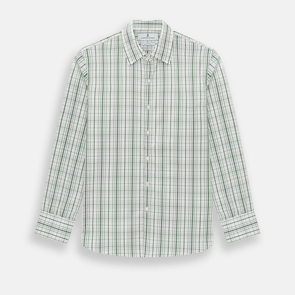 The Turnbull & Asser Sage Green Plaid Check Westminster Shirt features a collared, long-sleeve button-up design with a white base and sage green plaid pattern, showcasing classic British craftsmanship against a clean white background.