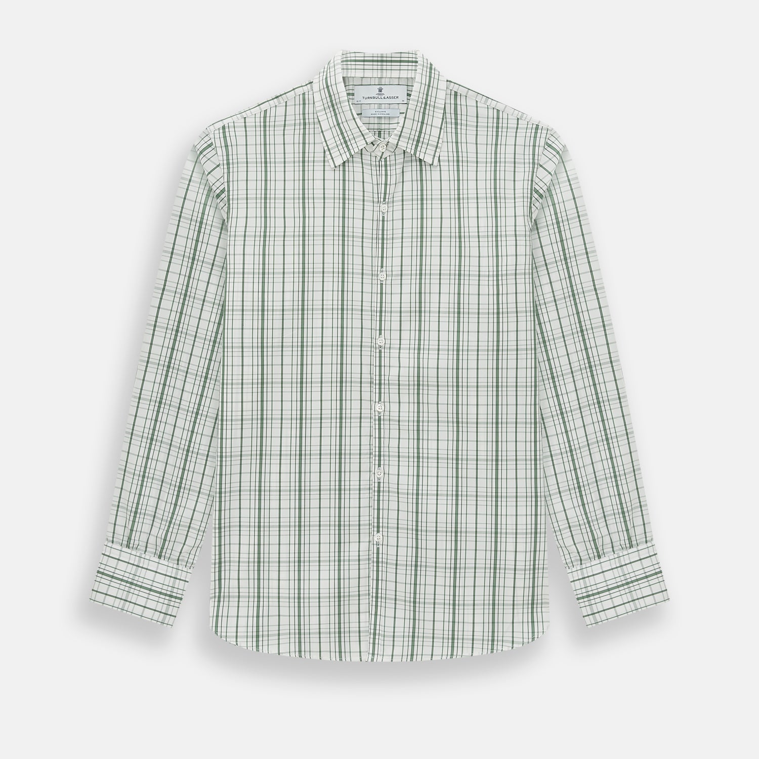 View 1 of product The Turnbull & Asser Sage Green Plaid Check Westminster Shirt features a collared, long-sleeve button-up design with a white base and sage green plaid pattern, showcasing classic British craftsmanship against a clean white background.
