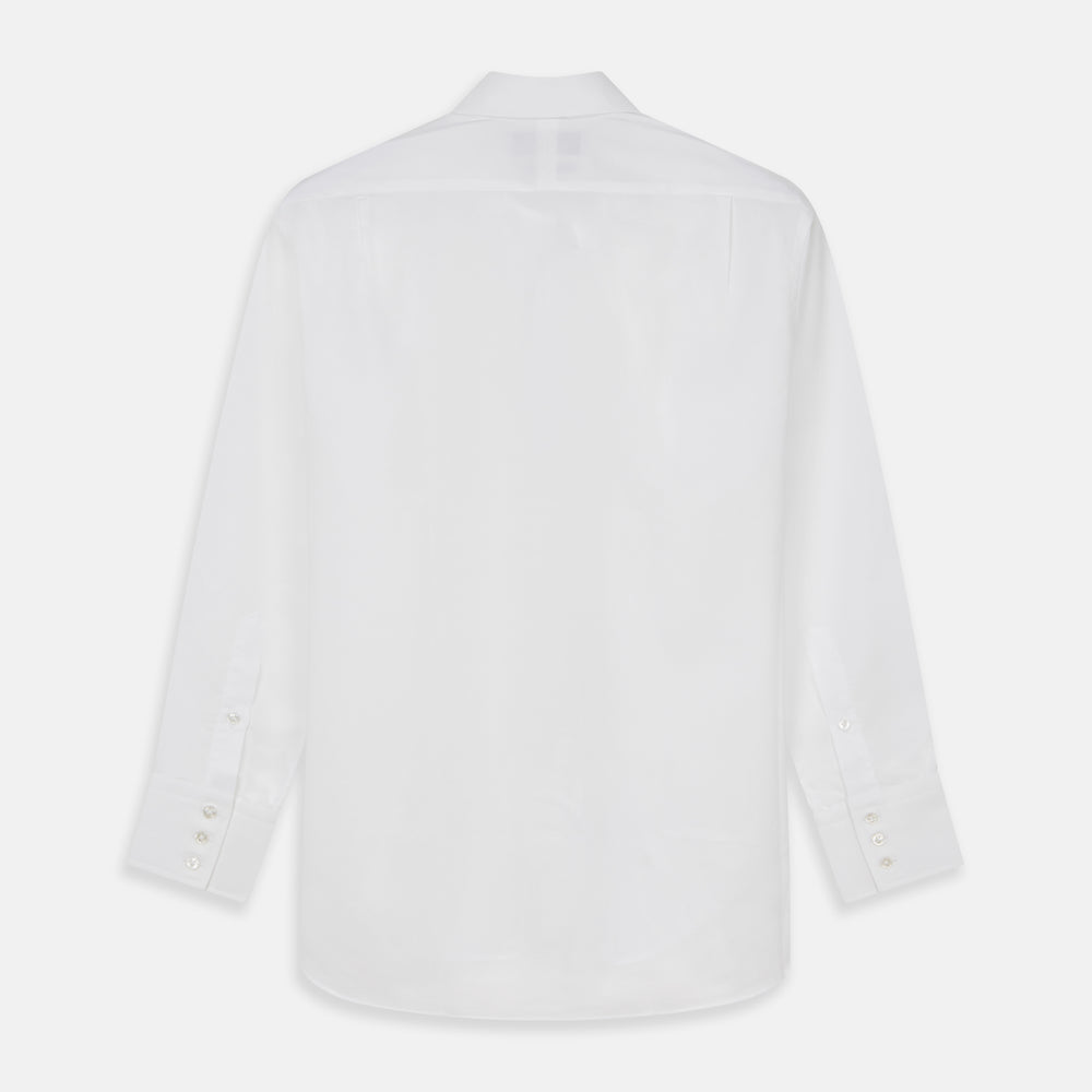 The Turnbull & Asser White Cotton Voile Regular Fit Mayfair Shirt features long sleeves, a pointed collar, button-down front, and buttoned cuffs, displayed flat against a plain white background.