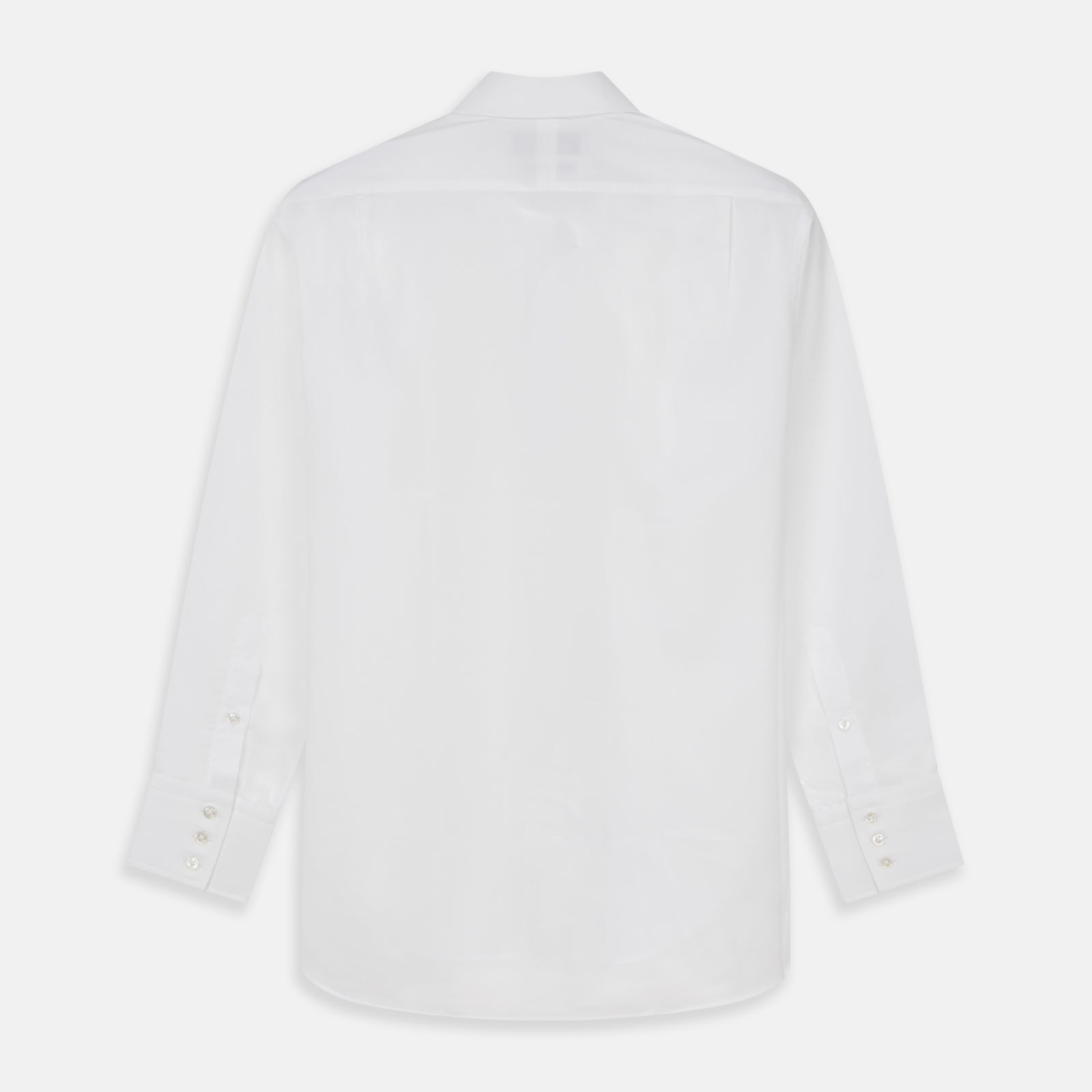 View 5 of product The Turnbull & Asser White Cotton Voile Regular Fit Mayfair Shirt features long sleeves, a pointed collar, button-down front, and buttoned cuffs, displayed flat against a plain white background.