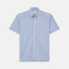 View 1 of product The Turnbull & Asser Pale Blue Multi Check Cotton Weekend Fit Williams Shirt features short sleeves, a pointed collar, single chest pocket, and premium Italian cotton with a subtle checkered pattern, shown on a white background.