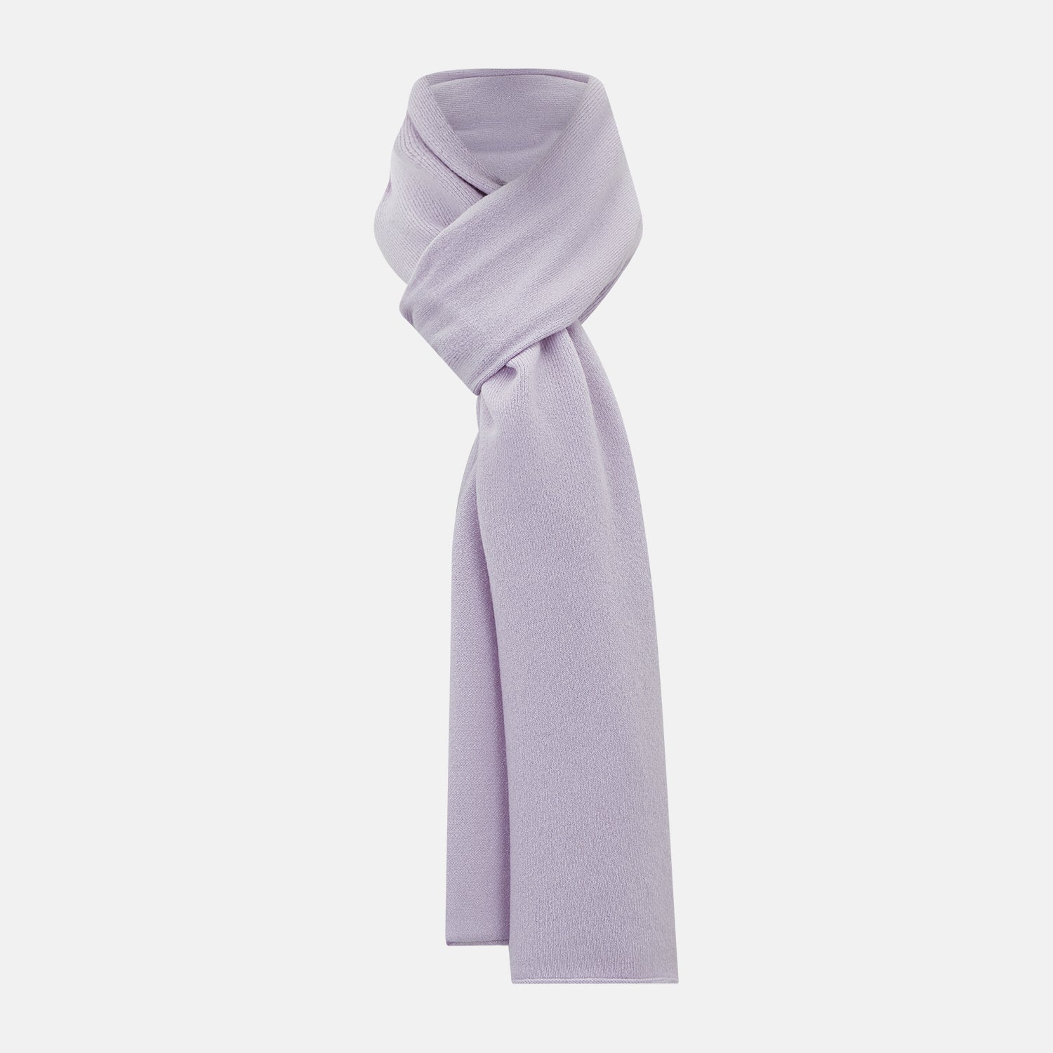 View 1 of product The Turnbull & Asser Plain Lilac Cashmere Knitted Scarf is shown neatly tied in a loose knot against a plain white background, highlighting its elegant and timeless design.