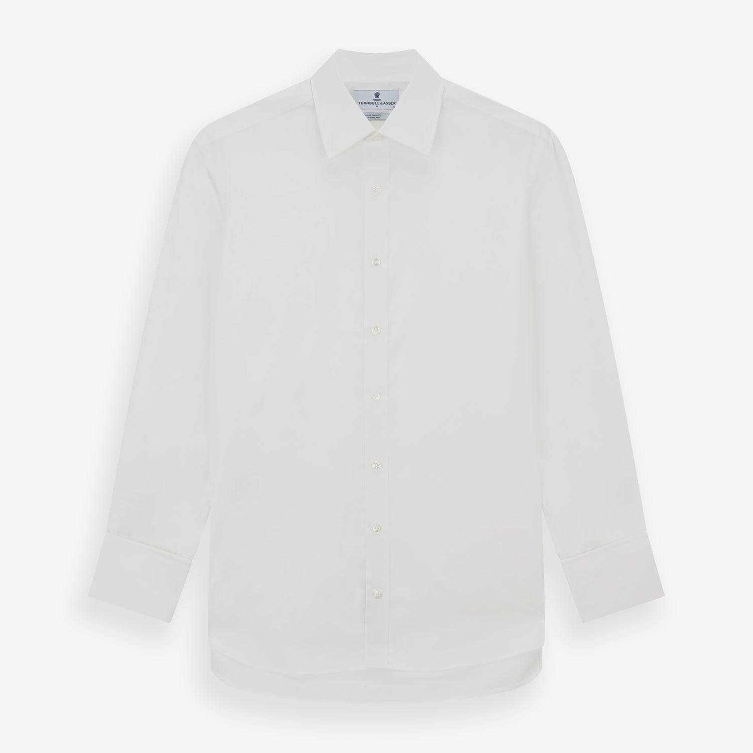 View 1 of product The Turnbull & Asser White Sea Island Quality Cotton Shirt features a T&A collar, double cuffs, and long sleeves, displayed against a white background.