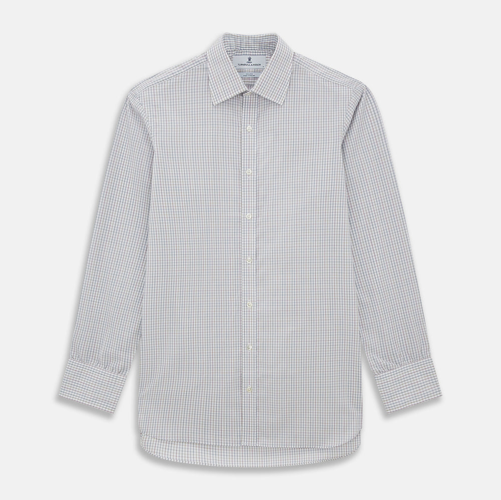 The Turnbull & Asser Sky Blue Multi Graph Check Shirt features long sleeves, a button-up front, pointed T&A collar, buttoned cuffs, and a small blue-and-white check pattern, shown on a white background.
