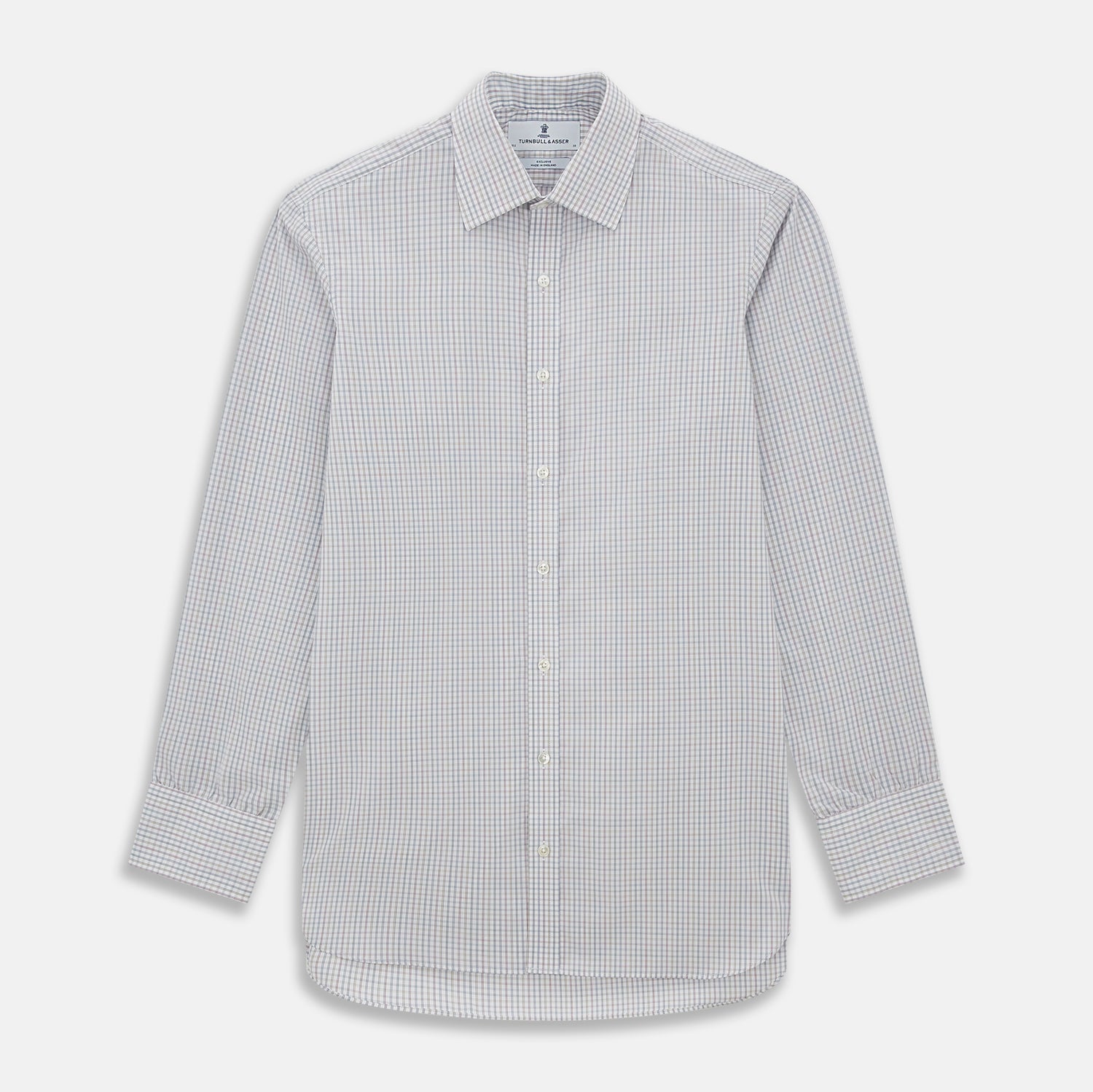 View 1 of product The Turnbull & Asser Sky Blue Multi Graph Check Shirt features long sleeves, a button-up front, pointed T&A collar, buttoned cuffs, and a small blue-and-white check pattern, shown on a white background.