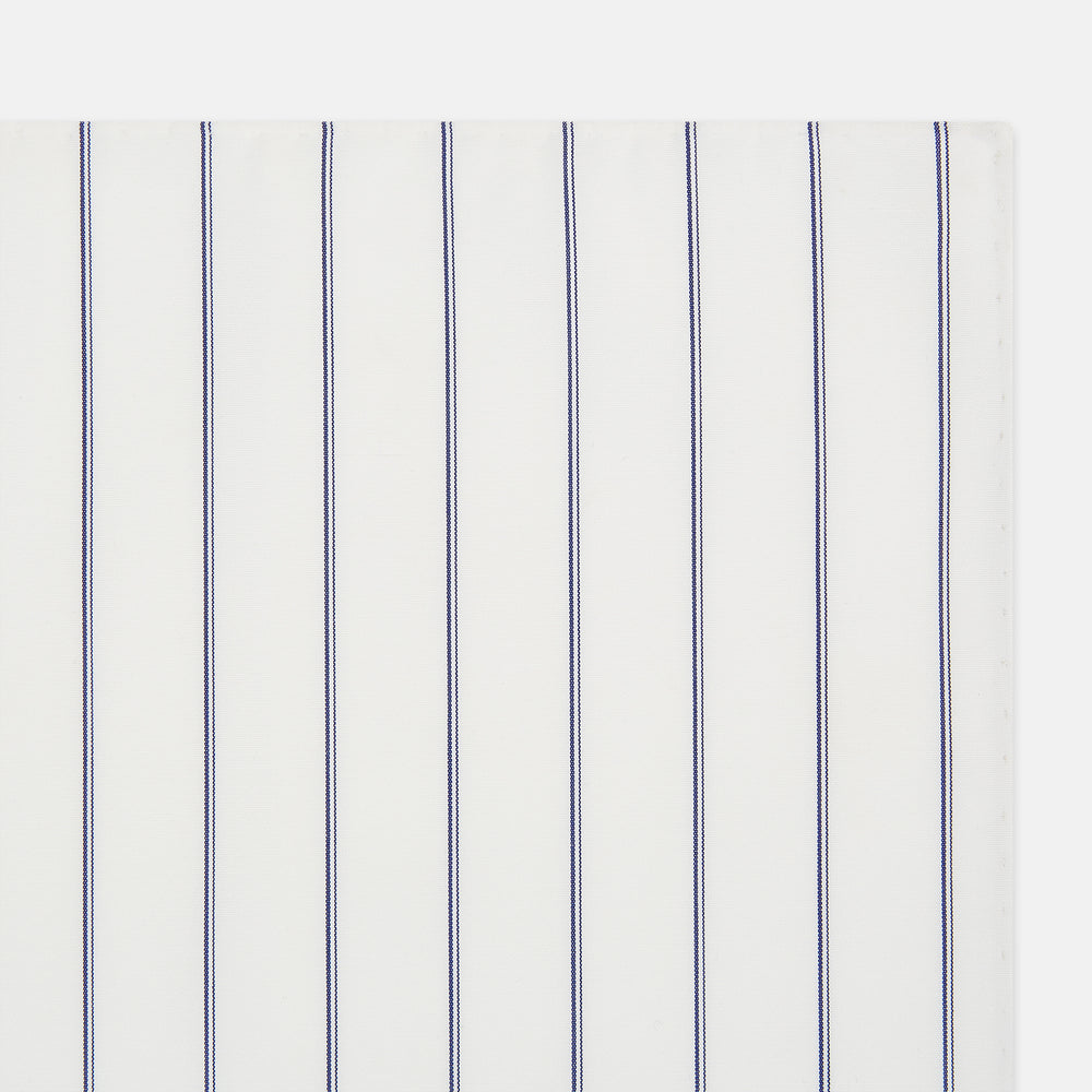 The Dark Navy Double-Pinstripe Hand-Rolled Handkerchief by Turnbull & Asser features white fabric with evenly spaced thin dark navy stripes and refined hand-rolled edges.