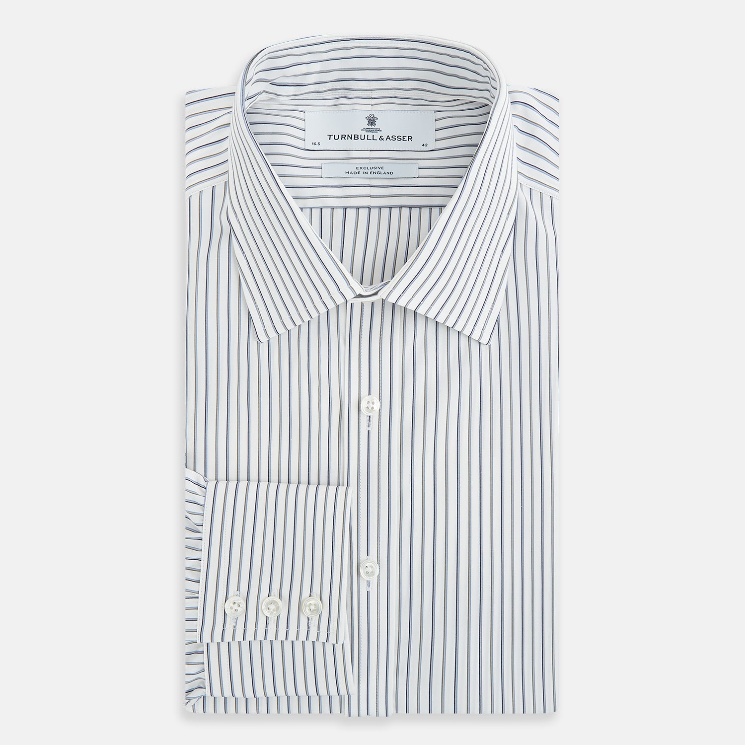 View 5 of product The Turnbull & Asser Brown and Blue Shadow Stripe Mayfair Shirt, featuring long sleeves, a pointed collar, and buttoned cuffs, is crafted from Italian fabric with vertical stripes and shown laid flat on a white background.