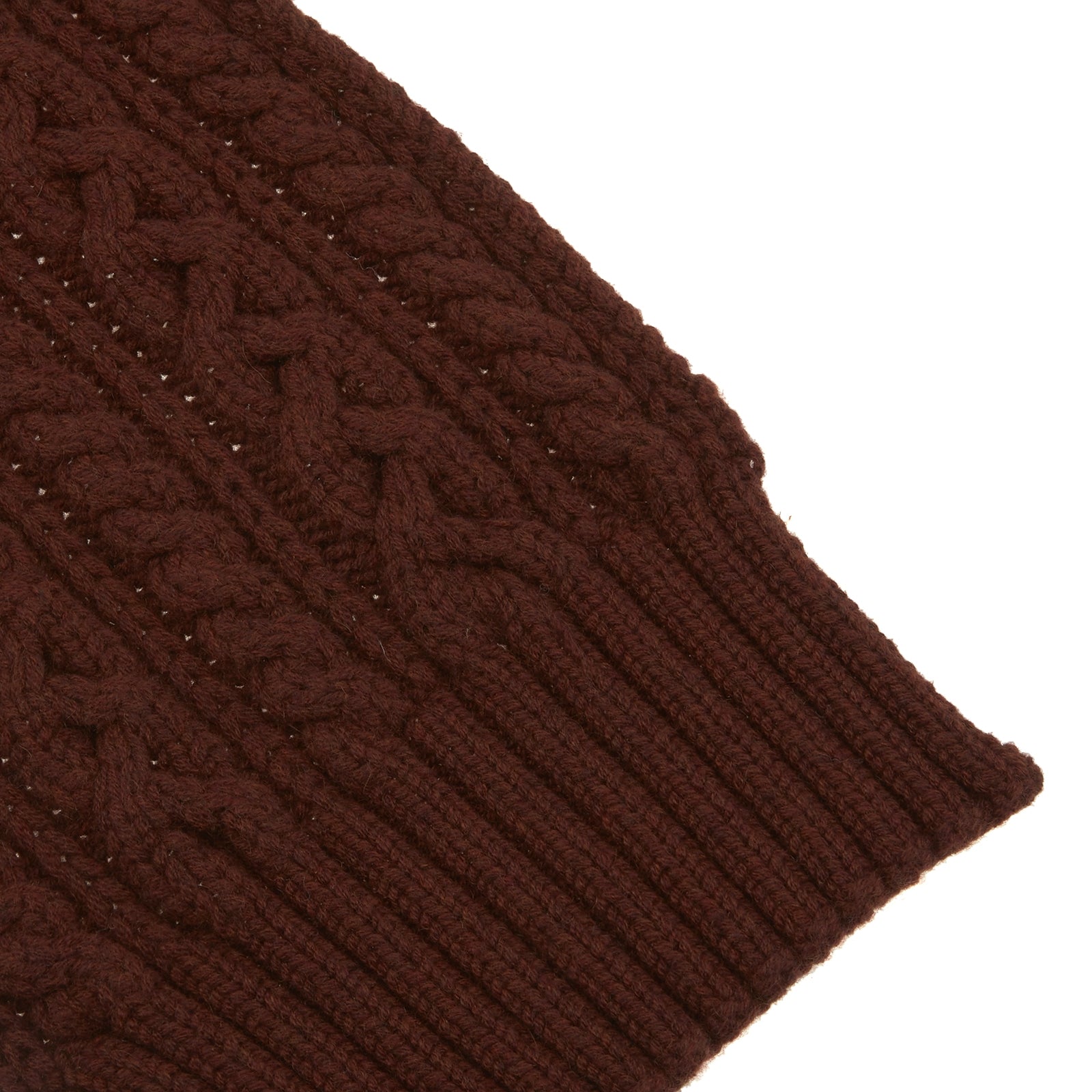 View 2 of product The Turnbull & Asser Red Grouse Cable Knit Cashmere Scarf, featuring ribbed ends, is neatly folded against a white background.