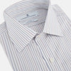 View 2 of product The Turnbull & Asser Multicoloured Music Stripe Mayfair Shirt features thin blue and white vertical stripes, a classic T&A collar, and buttoned cuffs, shown laid flat on a white background.