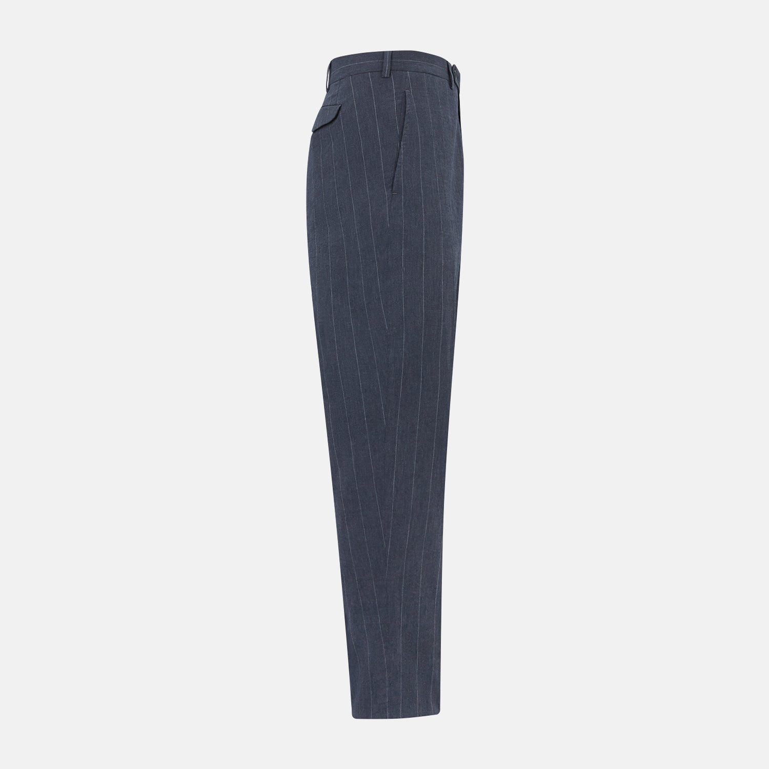 View 3 of product The Navy Striped Edmund trousers by Turnbull & Asser have a relaxed, straight-leg fit with front pleats, belt loops, and a single button waist closure, shown against a plain white background.