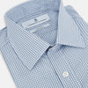 View 2 of product The Turnbull & Asser Blue Micro Shadow Check Mayfair Shirt features a long-sleeve, button-up design with a small blue and white check pattern, pointed T&A collar, and classic cuffs.