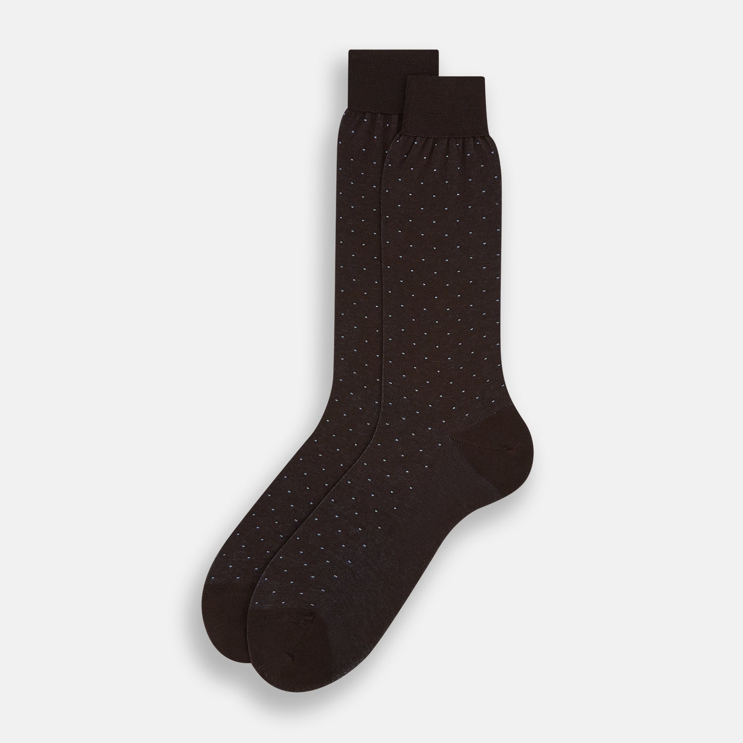 View 2 of product A single Turnbull & Asser Dark Chocolate/Blue Pale Dot Mid-Length Sock is displayed upright against a plain white background.