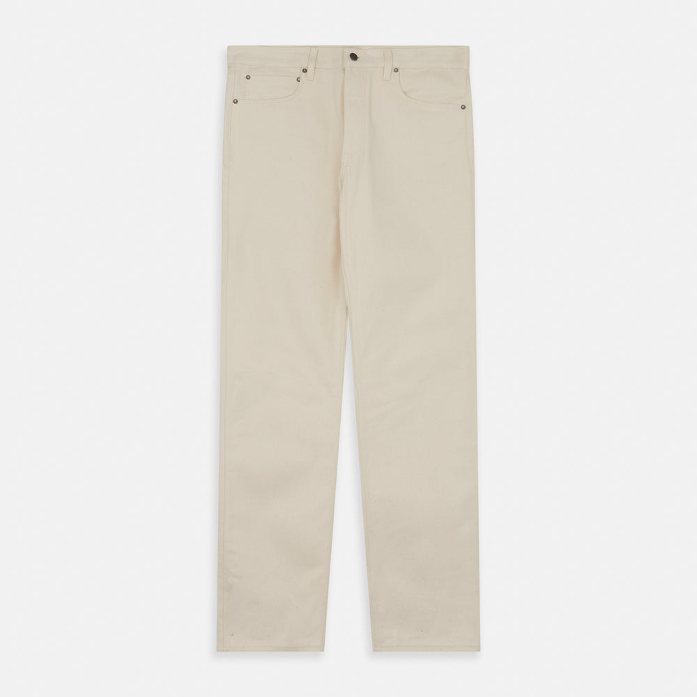 A pair of Turnbull & Asser Ecru Sanforized Denim Jeans with five pockets, button closure, and silver rivets, shown against a plain white background.
