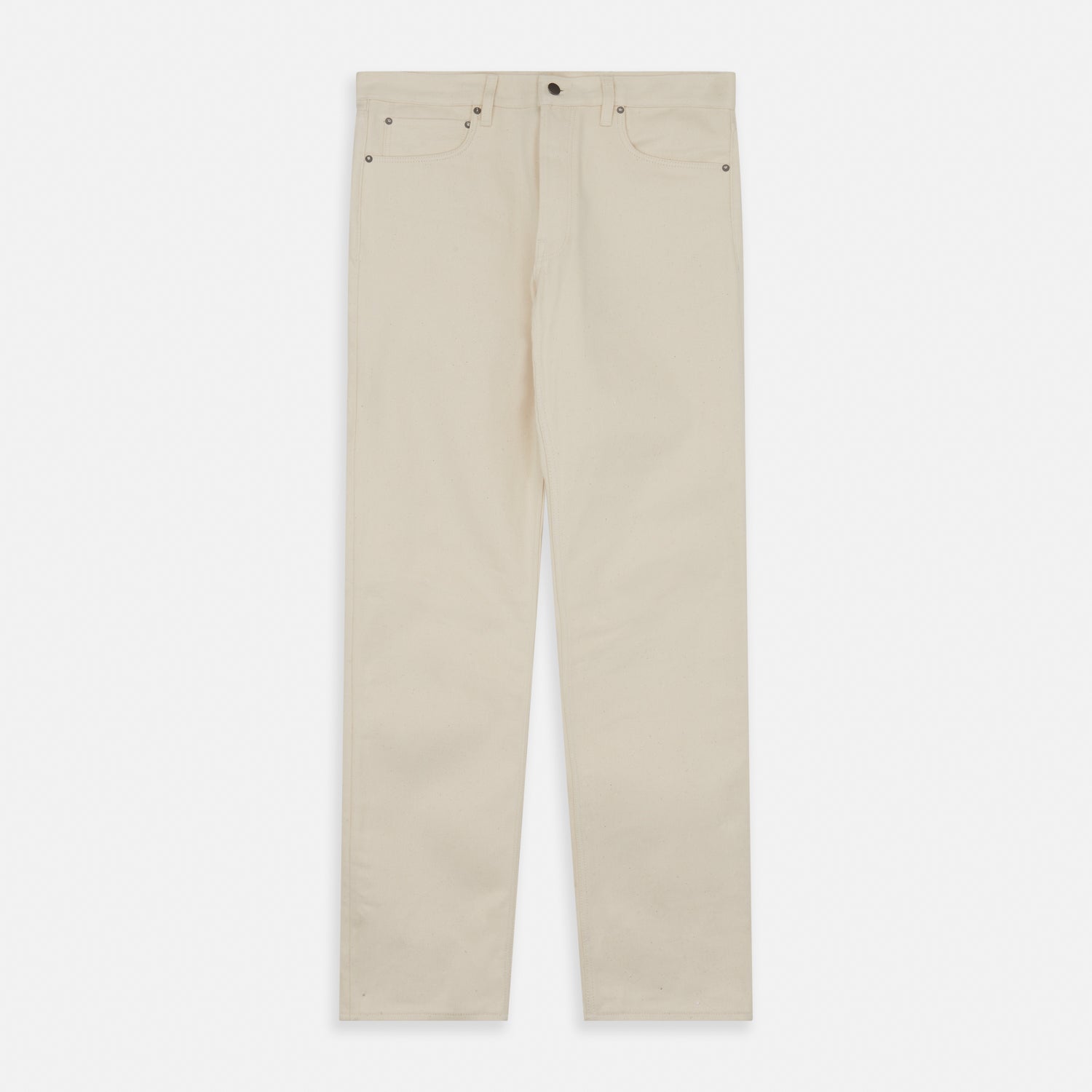 View 1 of product A pair of Turnbull & Asser Ecru Sanforized Denim Jeans with five pockets, button closure, and silver rivets, shown against a plain white background.