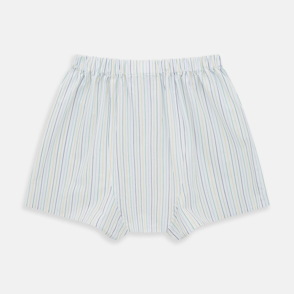 Turnbull & Asser Multicoloured Stripe Godfrey Boxer Shorts, crafted from Italian cotton with an elastic waistband—luxury men's underwear shown flat on a white background.