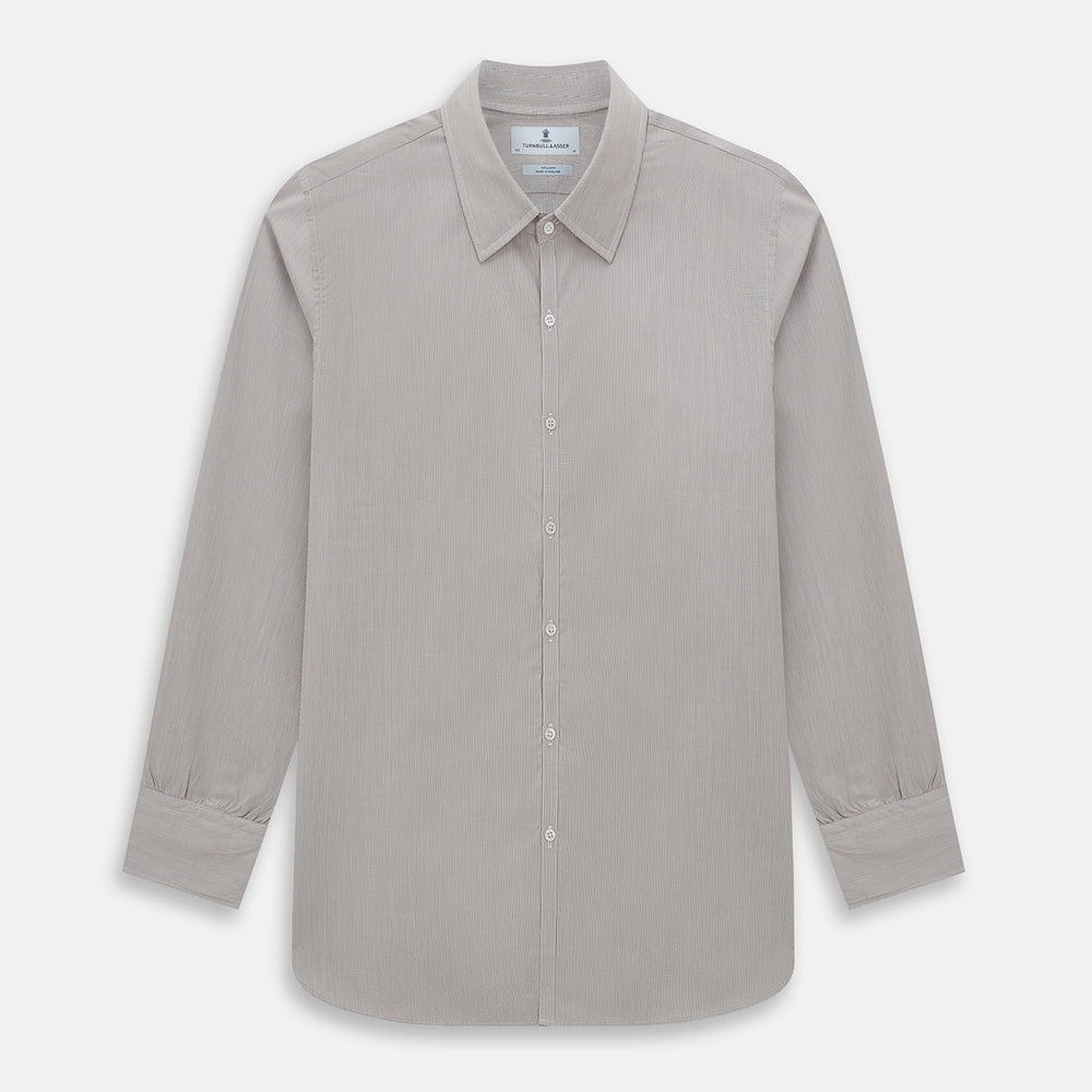 The Turnbull & Asser Brown Micro Graph Check Westminster shirt features long sleeves, a pointed collar, and buttoned cuffs—showcasing British craftsmanship and displayed flat on a white background.