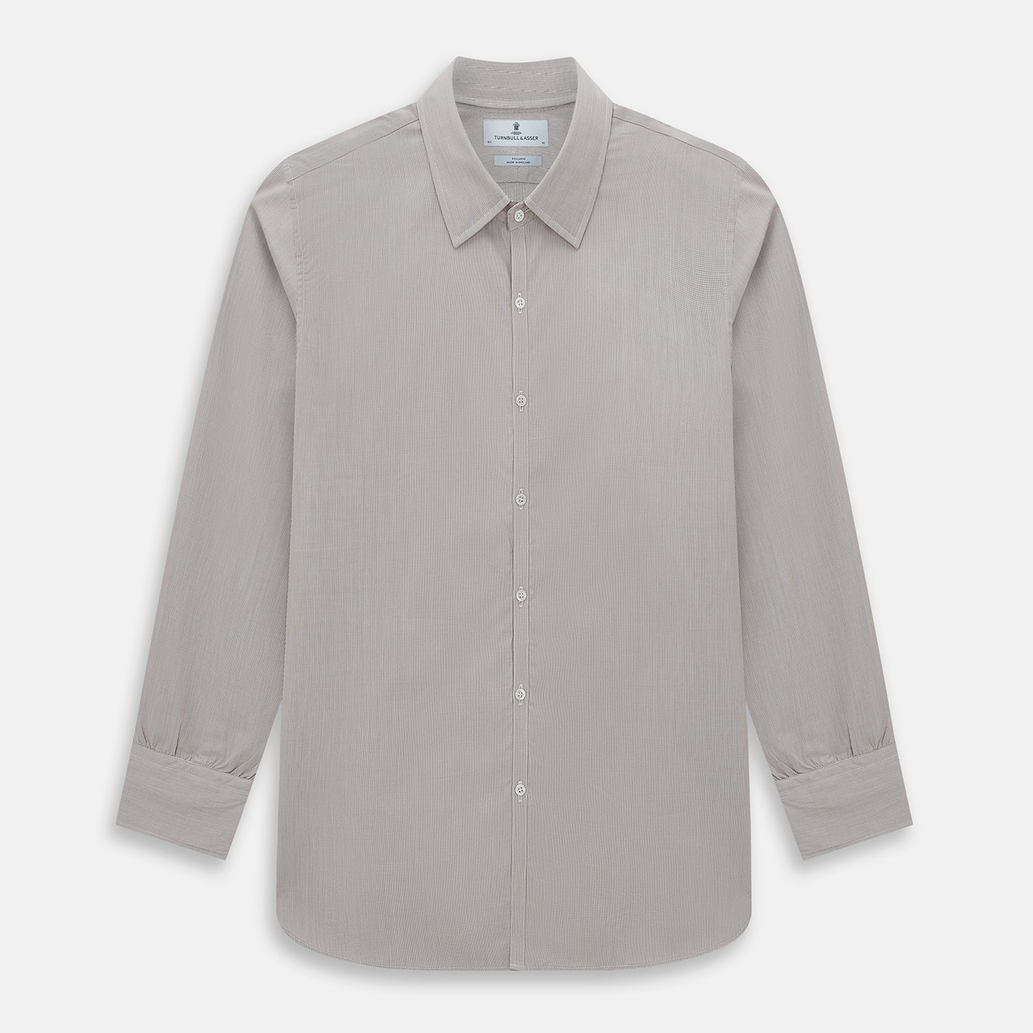 View 1 of product The Turnbull & Asser Brown Micro Graph Check Westminster shirt features long sleeves, a pointed collar, and buttoned cuffs—showcasing British craftsmanship and displayed flat on a white background.