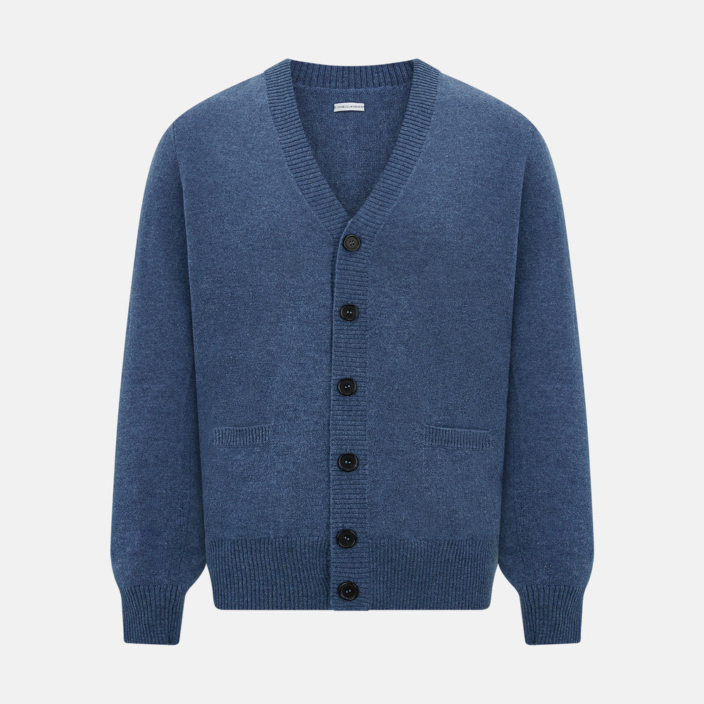 Turnbull & Asser Blue Cashmere Cardigan in soft knit, with black buttons, ribbed cuffs and hem, and two front pockets in vibrant colours—shown on a plain white background.