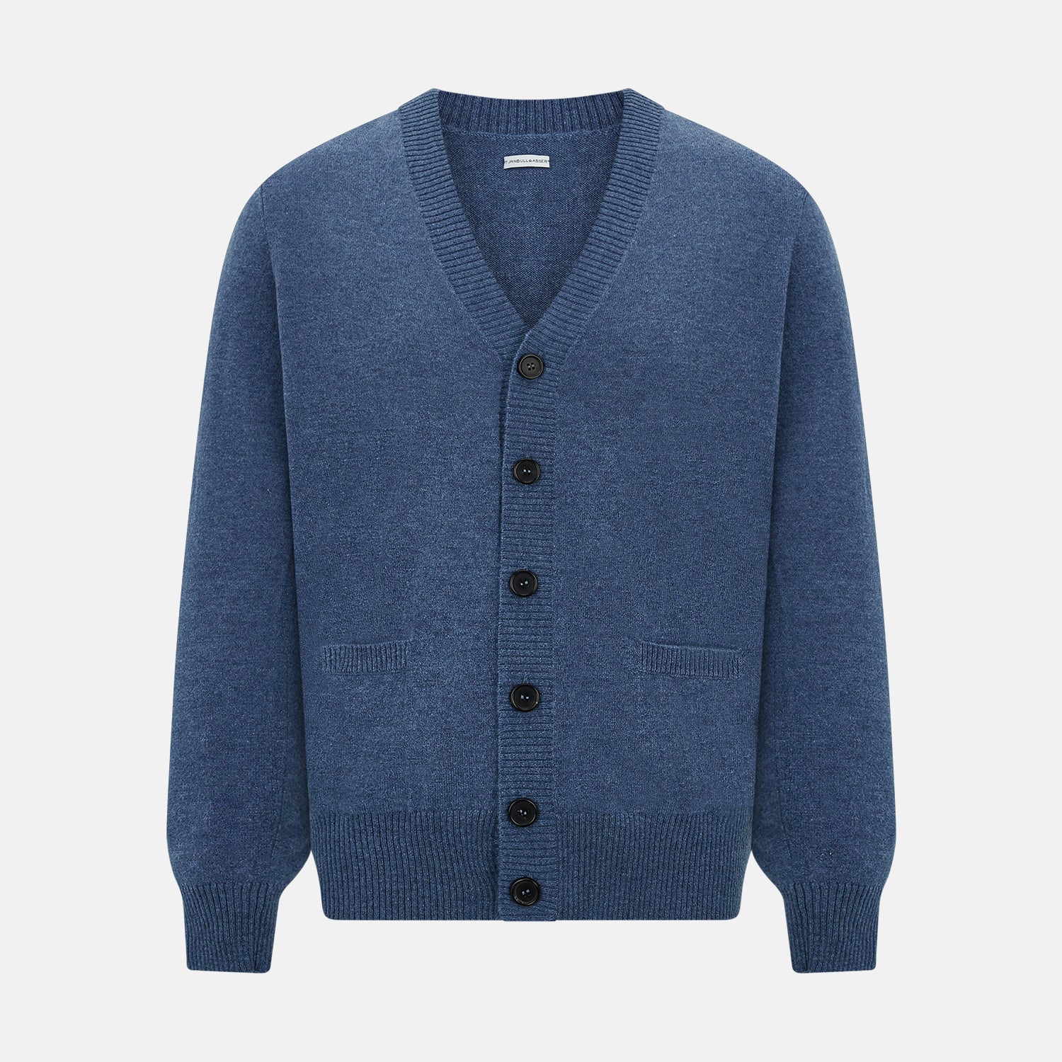 View 1 of product Turnbull & Asser Blue Cashmere Cardigan in soft knit, with black buttons, ribbed cuffs and hem, and two front pockets in vibrant colours—shown on a plain white background.
