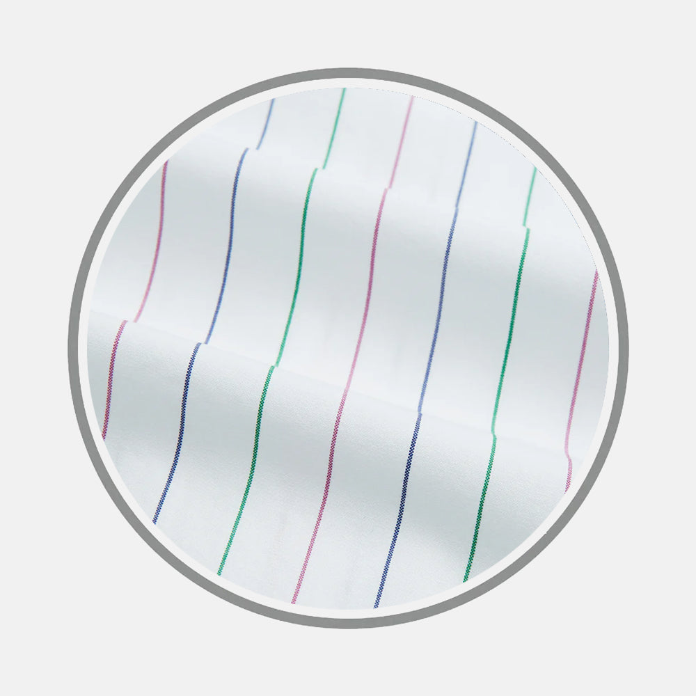 Close-up of Turnbull & Asser's Pink and Green Wide Pinstripe Fabric, featuring white material with wide green and pink stripes, shown in a circular frame on a plain white background.