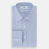View 5 of product The Turnbull & Asser Pale Blue Pinstripe Mayfair Shirt features pale blue pinstripes, a classic T&A collar, white buttons, and cuffed sleeves, shown against a plain white background.
