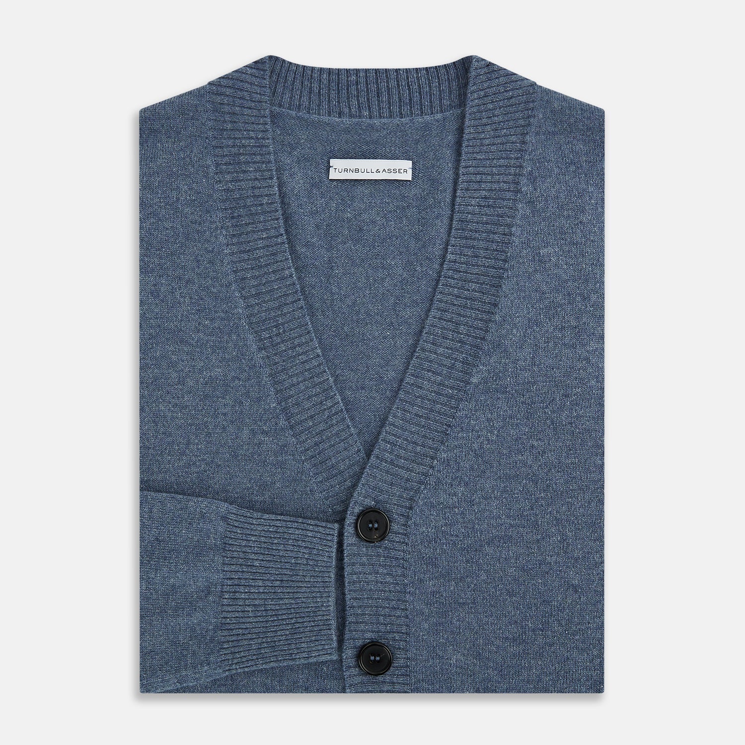 View 4 of product The Turnbull & Asser Blue Melange Cashmere Cardigan features a V-neck, black buttons, ribbed cuffs and hem, and two front pockets—ideal knitwear for versatile layering, shown here against a plain white background.