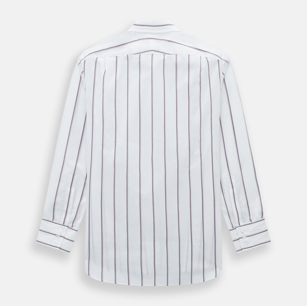 A Burgundy Track Stripe Mayfair Shirt by Turnbull & Asser, featuring long sleeves, vertical stripes, a classic collar, and crafted from premium Italian cotton, is displayed flat on a light background.