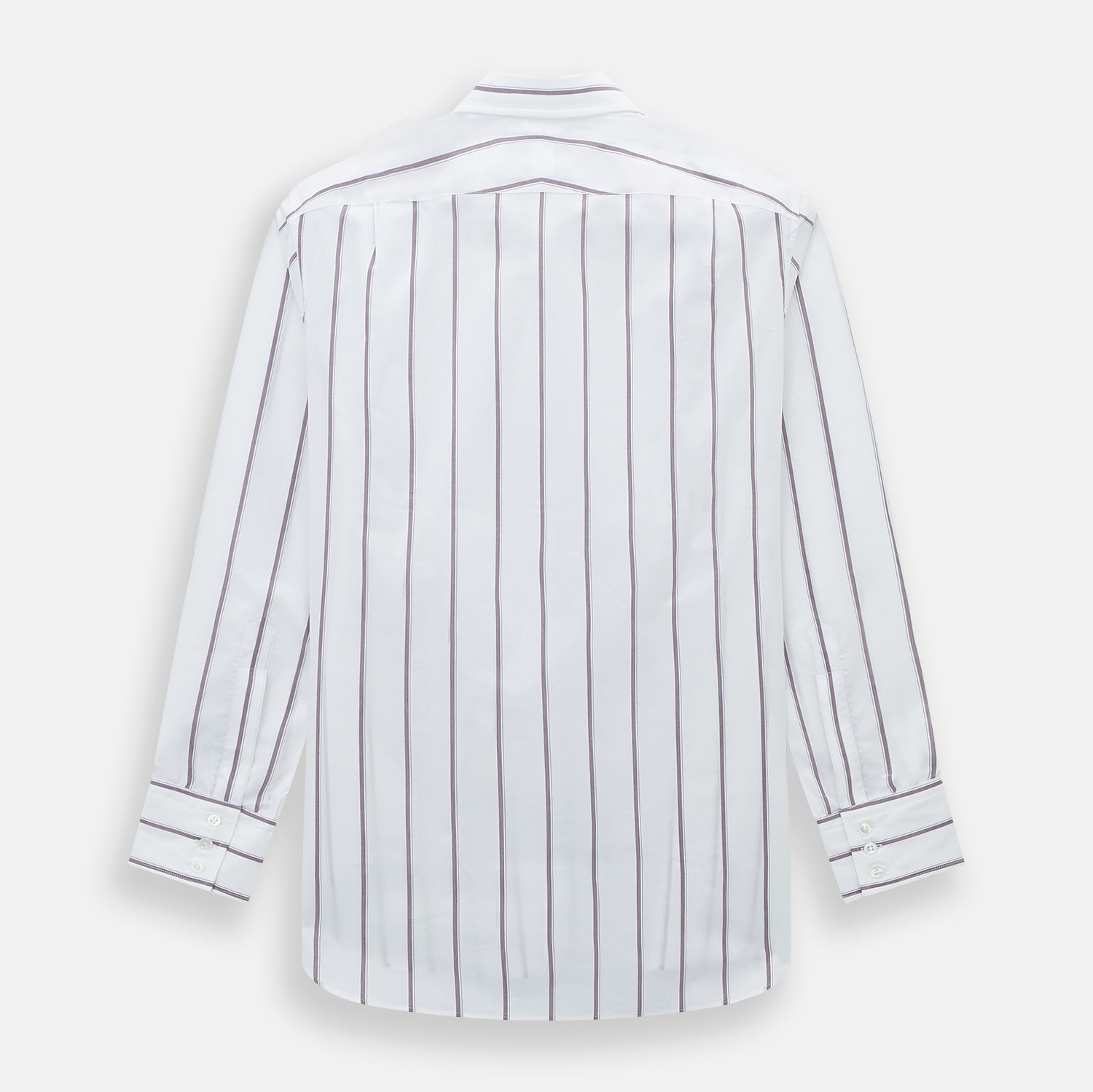 View 3 of product A Burgundy Track Stripe Mayfair Shirt by Turnbull & Asser, featuring long sleeves, vertical stripes, a classic collar, and crafted from premium Italian cotton, is displayed flat on a light background.