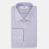 View 5 of product The Lilac Halo Stripe Mayfair Shirt by Turnbull & Asser features a relaxed Mayfair fit, white buttons, a pointed collar, and a subtle lilac stripe pattern for timeless sophistication.