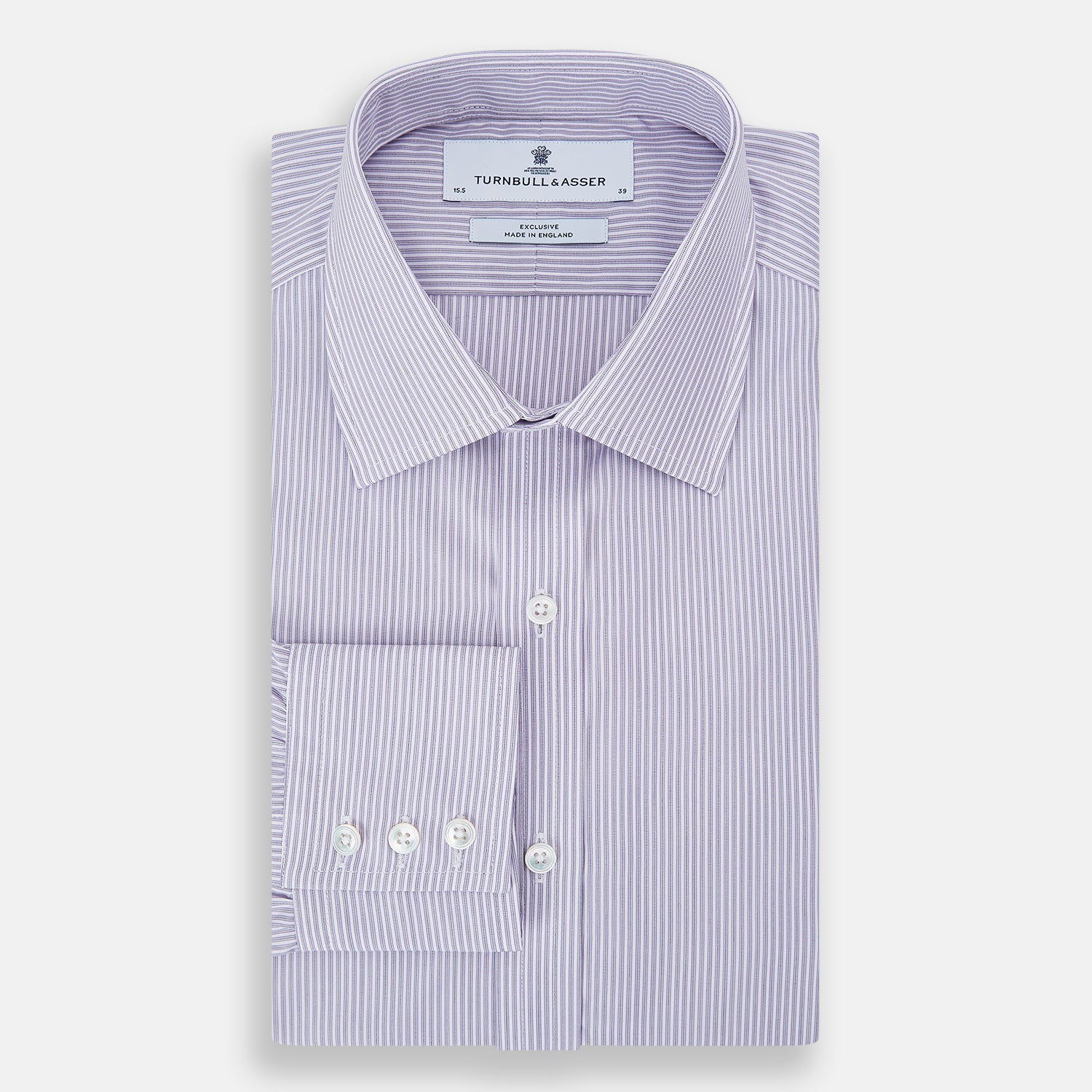 View 5 of product The Lilac Halo Stripe Mayfair Shirt by Turnbull & Asser features a relaxed Mayfair fit, white buttons, a pointed collar, and a subtle lilac stripe pattern for timeless sophistication.