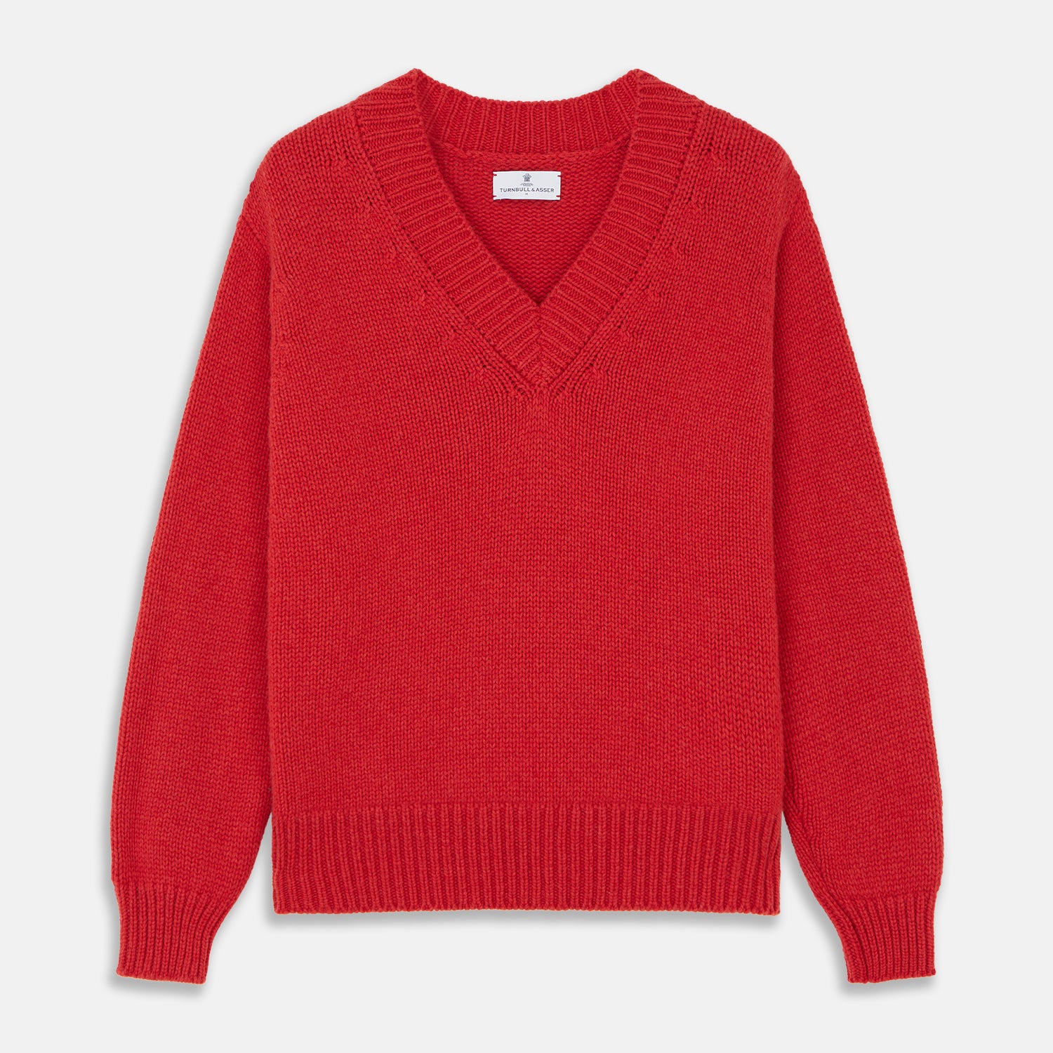 View 1 of product The Turnbull & Asser Raspberry Red Cashmere Edwards V-Neck Sweater features long sleeves, ribbed cuffs and hem, and is shown laid flat on a white background.