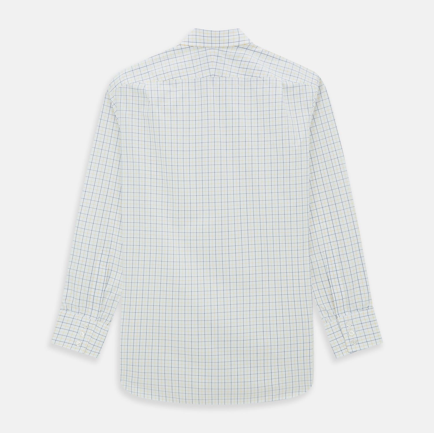 View 3 of product The Turnbull & Asser Yellow Overlay Grid Check Mayfair Shirt is a long-sleeve, button-down shirt made from soft organic cotton, featuring a yellow grid check pattern and shown laid flat on a white background.