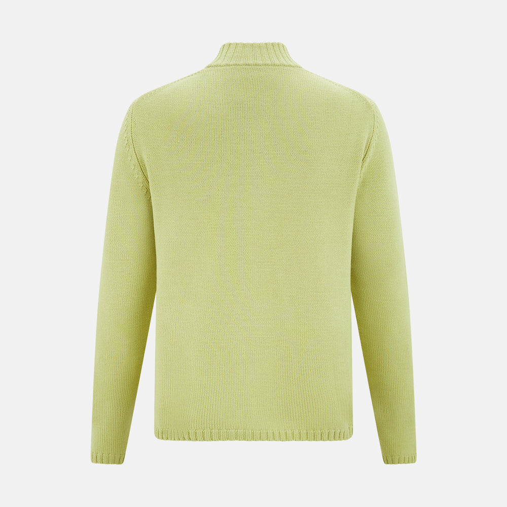 The Melon Green Merino High Neck Zipped Cardigan by Turnbull & Asser features long sleeves and ribbed collar, cuffs, and hem, shown on a plain white background.