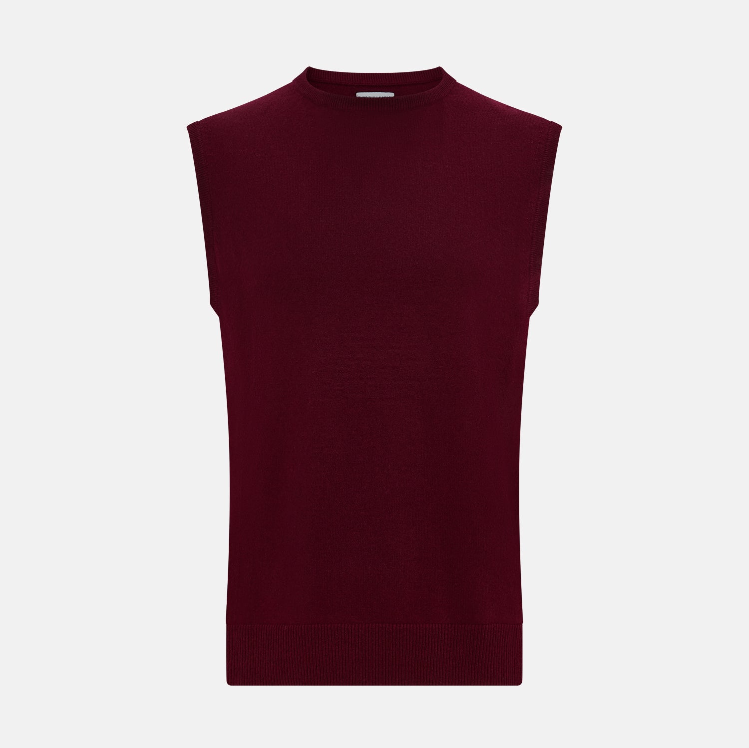 View 1 of product The Turnbull & Asser Burgundy Cashmere Round Neck Vest is a sleeveless jumper with a high crew neckline, shown against a plain white background.