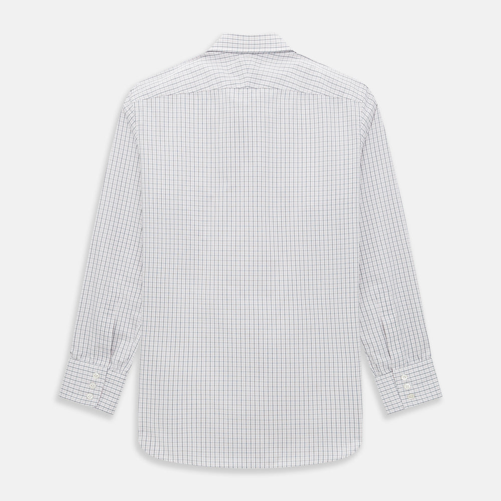 The Blue and Red Graph Check Westminster Shirt by Turnbull & Asser features a classic collar, long sleeves, and British craftsmanship, with a blue and red checkered pattern on white, displayed flat on a white surface.