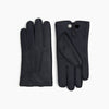 View 3 of product A pair of Turnbull & Asser Navy/Grey Fur-Lined Hairsheep Leather Touchscreen Gloves is displayed on a light background, with one glove showing the palm and the other the back, both featuring simple stitched details and a wrist button closure.