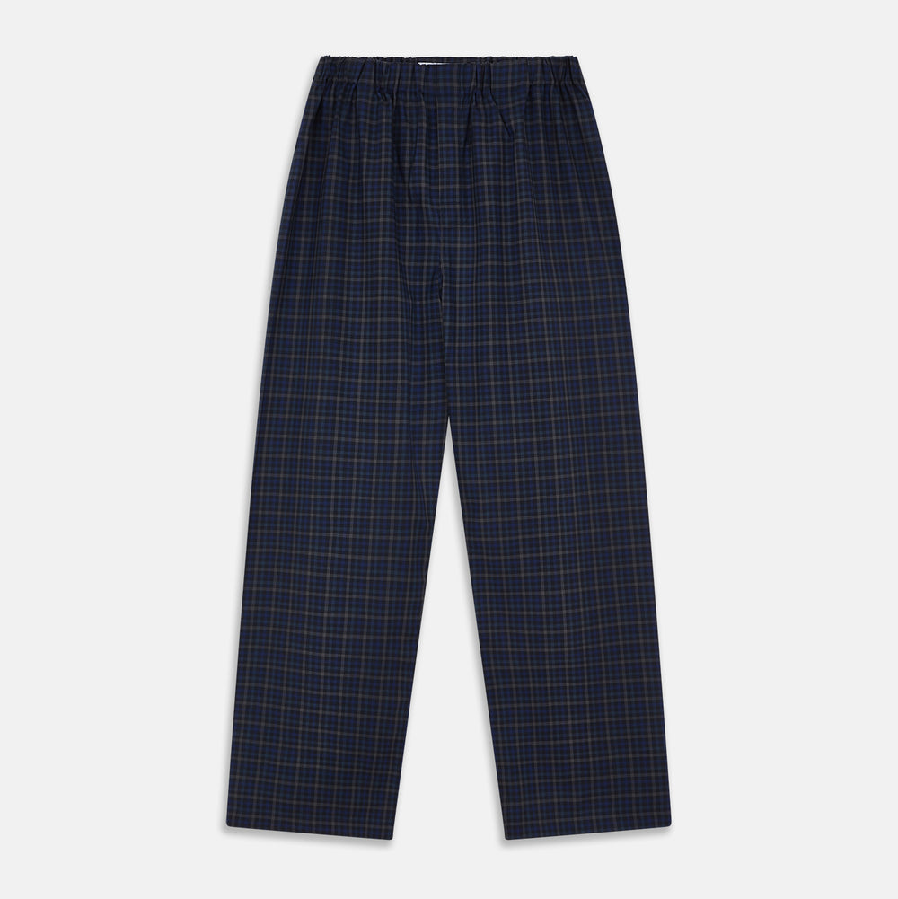Turnbull & Asser’s Blue Multi Check Wool Hasting Pyjama Trousers, featuring an elastic waistband, are laid flat on a white background.