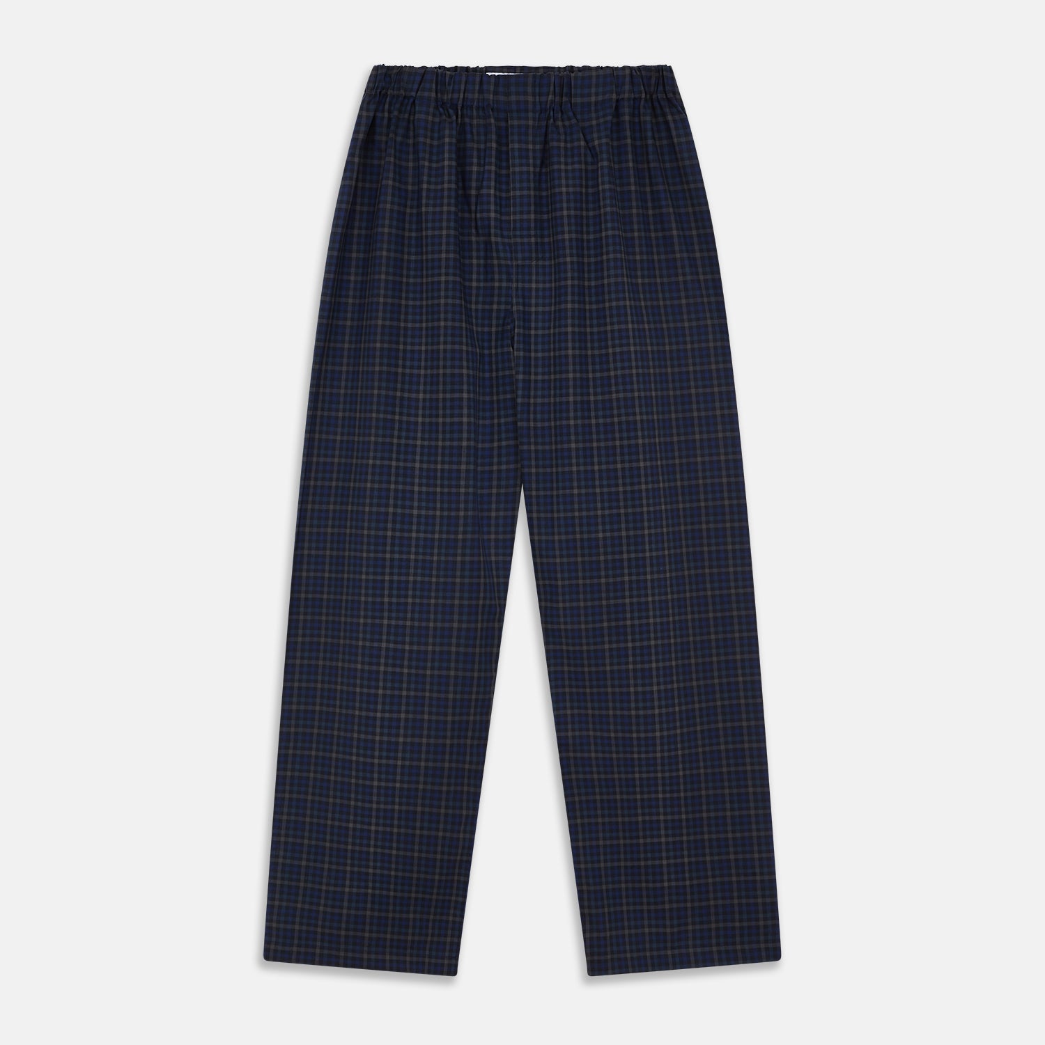 View 1 of product Turnbull & Asser’s Blue Multi Check Wool Hasting Pyjama Trousers, featuring an elastic waistband, are laid flat on a white background.