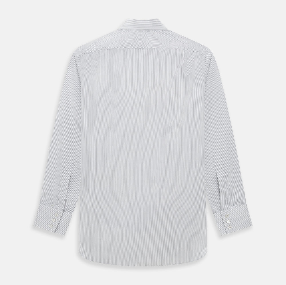 The Turnbull & Asser Midnight Blue and Grey Fine Stripe Mayfair Shirt features long sleeves, pure cotton fabric, a pointed collar, button-down front, and buttoned cuffs—ideal for formal wear.