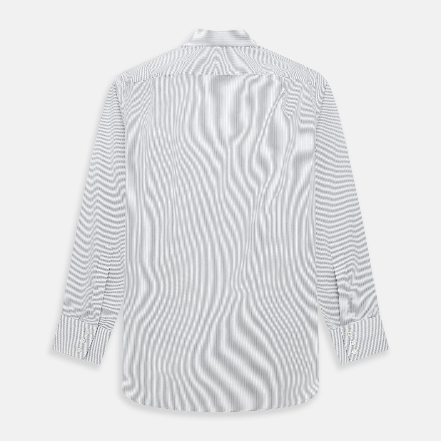 View 3 of product The Turnbull & Asser Midnight Blue and Grey Fine Stripe Mayfair Shirt features long sleeves, pure cotton fabric, a pointed collar, button-down front, and buttoned cuffs—ideal for formal wear.