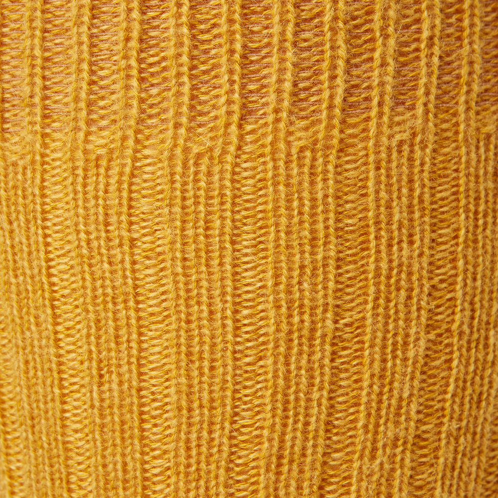 A single Turnbull & Asser CASHMERE/COTTON BLEND OCHRE SOCK, knee-high and ribbed, is shown upright on a white background.